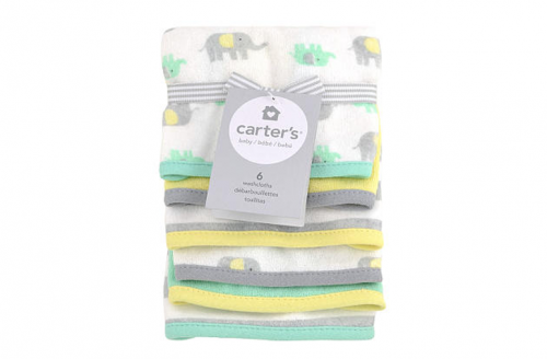 Carter's 6 Piece Yellow and Grey Washcloth Set - Elephant Print